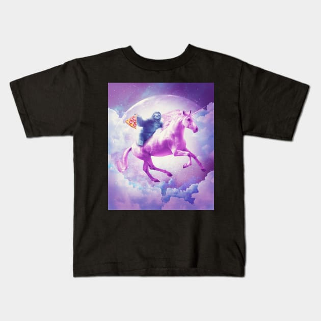 Space Sloth Riding On Flying Unicorn With Pizza Kids T-Shirt by Random Galaxy